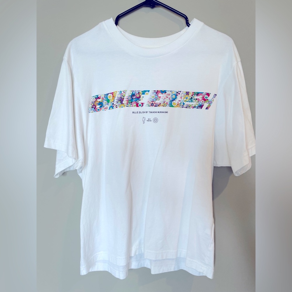 RARE TAKASHI MURAKAMI X BILLIE EILISH FOR UNIQLO BOXY WHITE RACER LOGO ICON TEE!